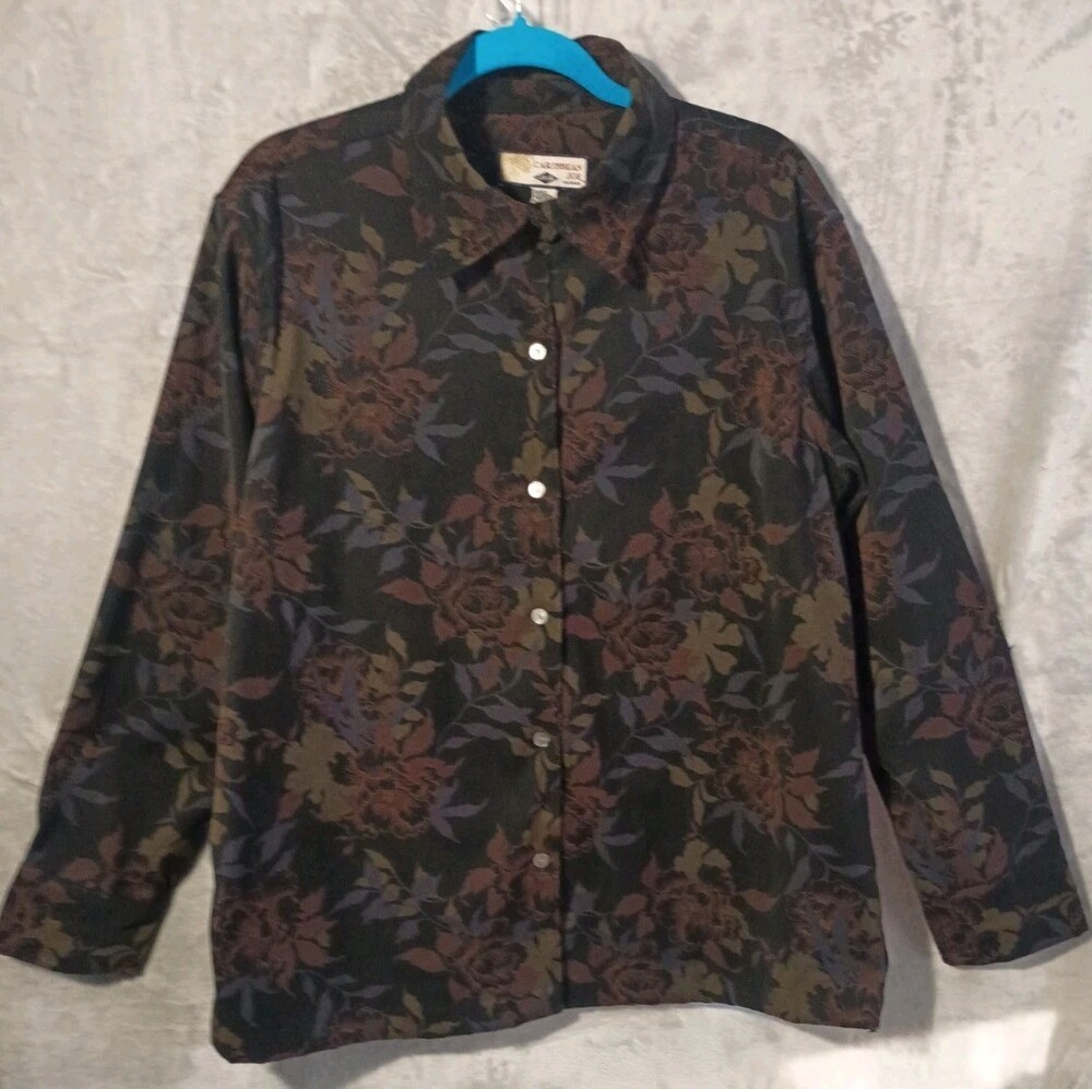 Vtg Caribbean Joe Floral Print Velvet/Velour Long Sleeve Women's Shirt Sz 2X